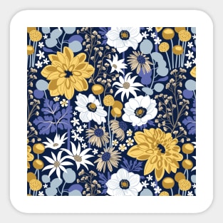 Boho garden // pattern // oxford navy blue background background very peri pastel blue yellow ivory and white flowers Sticker